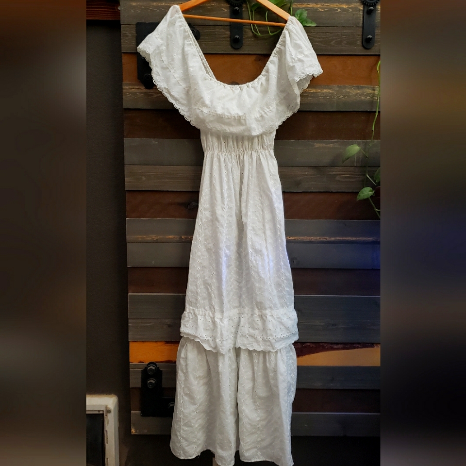 Vintage White Eyelit Off Shoulder Ruffle Long Dress